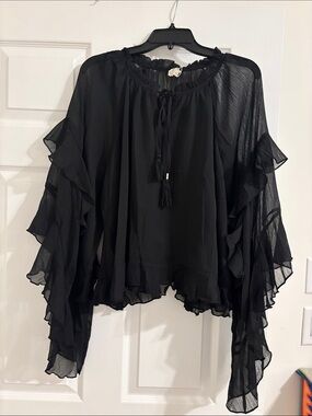 Black Ruffle-Sleeve Peasant Blouse - Women Tops